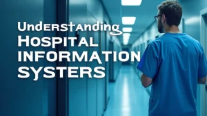 The image shows a network diagram illustrating the interconnected components of a hospital information system.